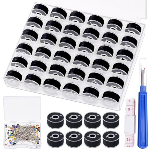 Rustark 36 Stück Schwarze Vorgewickelten Spulen Unterfaden Kit Bobbin Thread 60WT Größe A vorgewickelte Spulen mit Fall, Zubehör, Polyester-Faden für Handnähmaschine Verwenden DIY Stickerei von Rustark