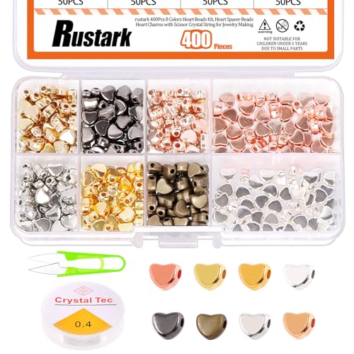 Rustark 402 Stück 8 Farben Herz Perlen für Armbänder Schmuck 6mm Herz Abstandshalter Perlen mit 1 Rolle Kristallschnur und Schere für Armbänder und Schmuck Herstellung von Rustark