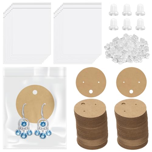 Rustark 600 Stück Braune Runde Ohrring Display Karten Set mit (4cm) Kraftpapier Ohrringhalter Karten, Silikon Ohrrückseiten, Selbstklebende Beutel von Rustark