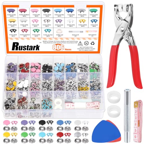 Rustark 608 Stück 5 Farben Druckknöpfe Set mit Zange Beinhaltet 9.5mm Jersey Druckknöpfe Hohle und Solide, Snaps Zange, Stanzwerkzeug, Lineal und Nähkreide für DIY Nähen Handwerk von Rustark