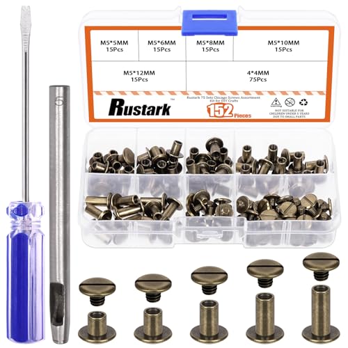 Rustark 75 Sets 5 Größen Bronze M5 Chicago Schrauben Set mit Einstellwerkzeug, Chicago Buchschrauben Chicago Leder Nieten Schraubennieten Chicago Bindeschrauben für DIY Leder Handwerk Buchbinderei von Rustark