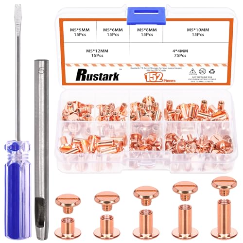 Rustark 75 Sets 5 Größen Roségold M5 Chicago Schrauben Set mit Einstellwerkzeug, Chicago Buchschrauben Chicago Leder Nieten Schraubennieten Chicago Bindeschrauben für DIY Leder Handwerk Buchbinderei von Rustark