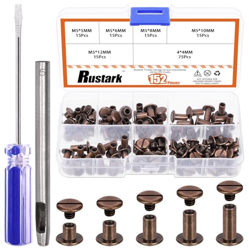 Rustark 75 Sets 5 Größen Rotes Kupfer M5 Chicago Schrauben Set mit Einstellwerkzeug, Chicago Buchschrauben Chicago Leder Nieten Schraubennieten Chicago Bindeschrauben für DIY Leder Buchbinderei von Rustark