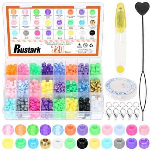 Rustark 833 Stück Mehrfarbiger Pony Perlen Set Kunststoff Pony Perlen Regenbogen Kandi Perlen Pony Haarperlen mit Elastisch Schnur, Springringe, Karabinerverschlüsse für Armband Schmuckherstellung von Rustark