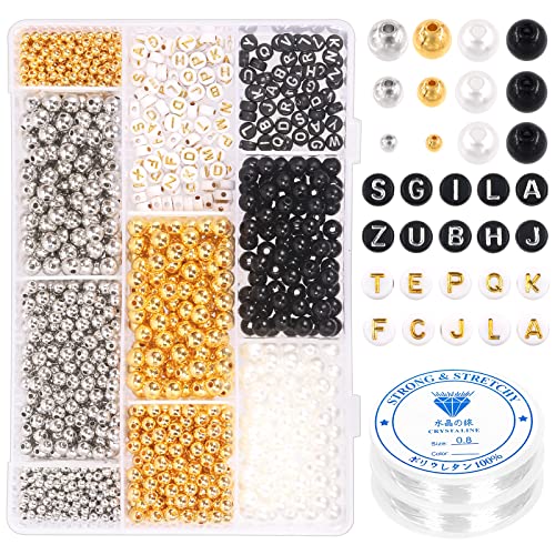 Rustark Jewelry Beads Making Set Silver and Gold Round Spacer Beads Smooth Loose Ball Beads Alphabet Beads Pearls Beads and Elastic String for DIY Craft Jewelry Making Supplies von Rustark