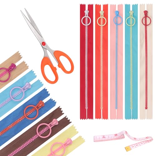 Rustark 12 Stück 25cm 10 Farben Harz Reißverschlüsse mit Ring mit Schere, Lineal, Coil Reißverschlüsse mit Ringziehern Nähreißverschlüsse für DIY Nähen Handwerk Kleidung von Rustark