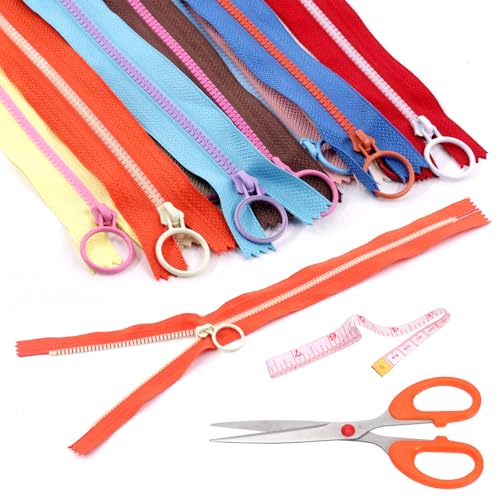 Rustark 12 Stück 30cm 10 Farben Harz Reißverschlüsse mit Ring mit Schere, Lineal, Coil Reißverschlüsse mit Ringziehern Nähreißverschlüsse für DIY Nähen Handwerk Kleidung von Rustark