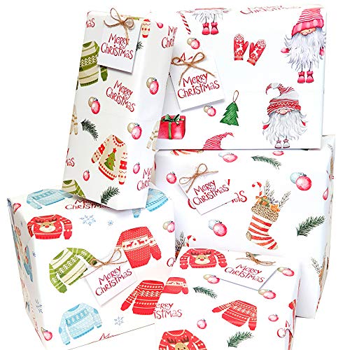 Geschenkpapier für Weihnachten, 10 Stück, mit Geschenkanhänger und Schnur umweltfreundlich, 5 Weihnachts-Geschenkverpackungen, Pullover, Strümpfe und skandinavische Zwerge (50 x 70 cm) von Rustic Robin