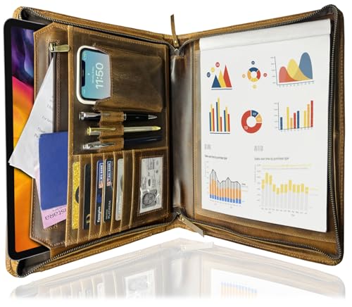 Leder Schreibmappe Konferenzmappe A4 mit Reißverschluss - Arbeitsmappe Aktenmappe Dokumentenmappe - Folio Organizer für Herren Damen von Rustic Town