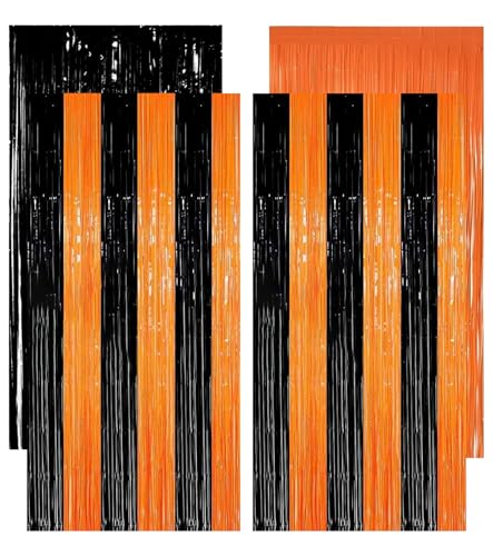 4 Stück Lametta Vorhänge Halloween Dekoration,Schwarz Orange Metallische Folie Fransen Vorhang,Halloween Dekoration Party Vorhang,Folien Fransen Deko,Party Hintergrund, Disco, Geburtstag(1m x 2m) von Rusudiy