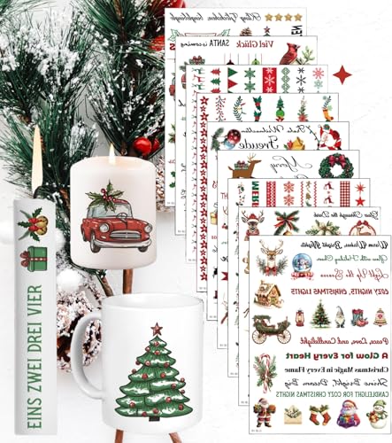 9 Stück Weihnachten Kerzentattoo Wasserschiebefolie(160+ Muster),Kerzenaufkleber,Wassertransferdruck,Wasserschiebefolie kerzen,Kerzenfolie,Kerzen dekorieren,Weihnachten Sprüche und Motive,Geschenkidee von Rusudiy