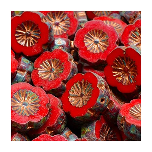 6 stk Tischschnitt tschechische Glasperlen - Hawaiische Blumen - rot 14x14 mm (Table cut Czech glass beads - Hawaiian flowers - red) von Rutkovsky