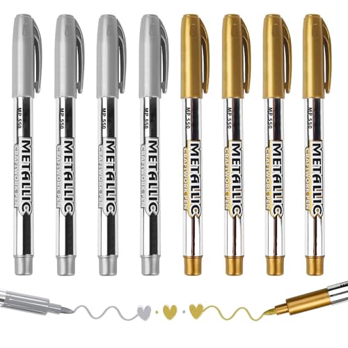 Ruucy 8 Stück Gold Silber Metallic Stifte, 1.5 mm Goldstift Metallic Marker, Goldener Stift Silberstift Acrylstift für Holz, Stein, Gästebuch, Karten, Handwerk, Metall (4 Gold + 4 Silber) von Ruucy