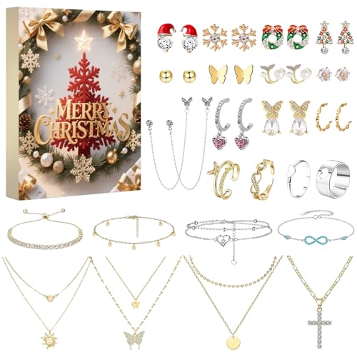 Ruwshuuk Weihnachts Adventskalender | 25-Tage Weihnachts Schmuck-Set Mit Halskette,Ohrringe Anhänger Armband Ringe Schmuck Für Saisonale Feste Ostern Valentinstag Halloween von Ruwshuuk