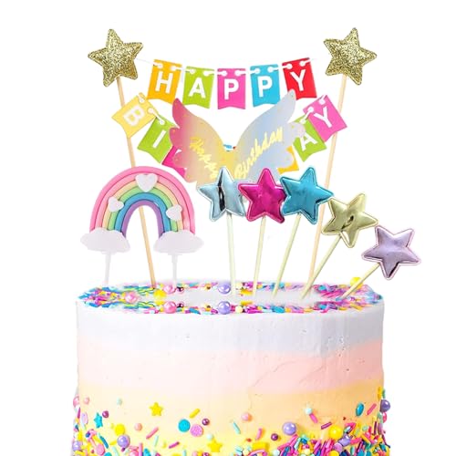 Ruzister 8 Stück Kuchendekorationen, Regenbogen-Kuchendekorationen, Happy Birthday-Kuchenaufsätze, Sterne-Kuchenaufsätze, Kuchenaufsätze für Mädchengeburtstag von Ruzister