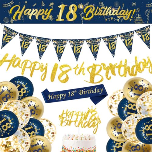 18 Geburtstag Dekorationen für Jungen Mädchen, Blau Gold Happy 18th Birthday Banner 18 Geburtstag Latex Ballons Wimpelkette Flaggen Schärpe Kuchen Topper 18 Geburtstag Party Supplies Set von Rwoythk