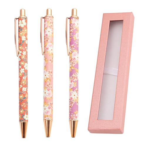 3 x Blumenstifte, ausgefallene Metallblumen-Kugelschreiber mit Box, rosa und weiß – große Blumendruck-Stifte hübsche Stifte, glattes Schreiben, modischer einziehbarer Stift, für Frauen, Mädchen von Rwoythk