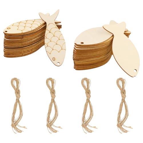 40 Stück Selbstgemachte Holzfischanhänger, Geschenkanhänger, Geschenk-Hanfseile, Rohlinge Kann Selbst Gemacht Werden, Geeignet für Feiertagsdekorationen, Geschenkdekorationen, Bastelprojekte von Rylae