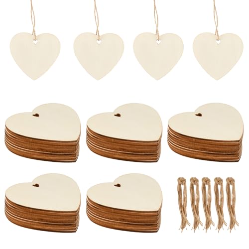 50 Stück Holzherzen mit Jute Schnur,Holzanhänger mit Loch zum Beschriften,Holzplatten Holzherz Deko für Hochzeit, Party, Jubiläum, Weihnachten, Geburtstag,8 x 8 cm von Rylae