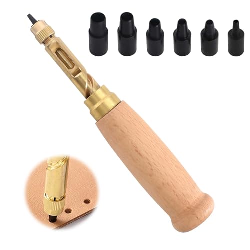 Japanischer Schraubenstanzer, verstellbares Leder-Lochstanzwerkzeug, Leder Locher, Automatische Lochstanzer Kit 6 Tipps, Geeignet zum Stanzen von Gürteln, für Lederarbeiten (Holzgriff) von Rylae