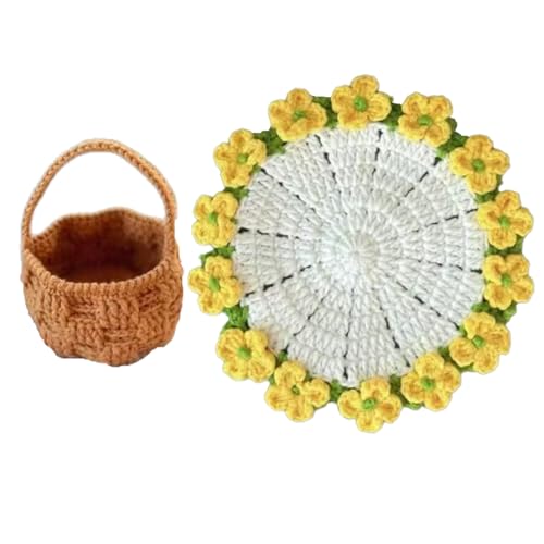 Handgefertigtes Häkelblumen-Untersetzer-Set mit gestricktem Korb und Rosenstrauß, Vintage-Heimdekoration, weiche Tischuntersetzer für Wohnzimmer, Esstisch, Büro (A) von RynoPulse