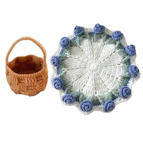 Handgefertigtes Häkelblumen-Untersetzer-Set mit gestricktem Korb und Rosenstrauß, Vintage-Heimdekoration, weiche Tischuntersetzer für Wohnzimmer, Esstisch, Büro (B) von RynoPulse