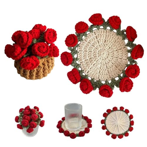 Handgefertigtes Häkelblumen-Untersetzer-Set mit gestricktem Korb und Rosenstrauß, Vintage-Heimdekoration, weiche Tischuntersetzer für Wohnzimmer, Esstisch, Büro (E) von RynoPulse