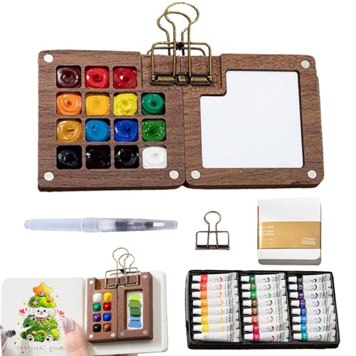 Mini Aquarell-Malkasten aus Holz – Tragbares Künstler-Set mit Clip, Wasserpinsel und Farbschale, für Künstler, Maler, Studenten (15 Raster) von RynoPulse