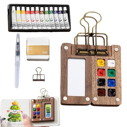 Mini Aquarell-Malkasten aus Holz – Tragbares Künstler-Set mit Clip, Wasserpinsel und Farbschale, für Künstler, Maler, Studenten (8 Raster) von RynoPulse