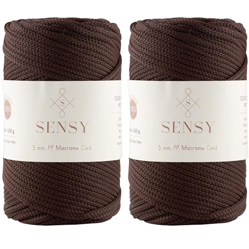 2 Garnstrange Sensy Premium 5 mm 95 Meter Polyester-Seil, 100% Polypropylen-Kordel Makramee-Kordel 5 mm Häkeltasche Kordel Makramee Seil Häkelgarn Geschenk für Strickwaren (Braun) von S SENSY