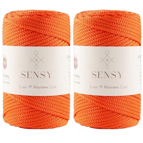 2 Garnstrange Sensy Premium 5 mm 95 Meter Polyester-Seil, 100% Polypropylen-Kordel Makramee-Kordel 5 mm Häkeltasche Kordel Makramee Seil Häkelgarn Geschenk für Strickwaren (Orange) von S SENSY