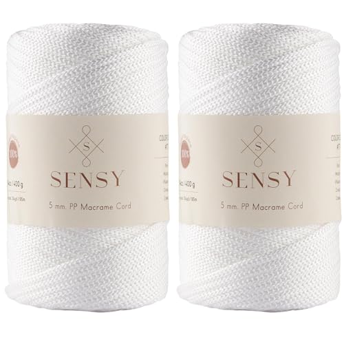 2 Garnstrange Sensy Premium 5 mm 95 Meter Polyester-Seil, 100% Polypropylen-Kordel Makramee-Kordel 5 mm Häkeltasche Kordel Makramee Seil Häkelgarn Geschenk für Strickwaren (Weiss) von S SENSY