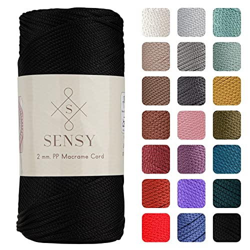 Sensy Premium 2 mm 230 Meter Polyester-Seil, 100% Polypropylen-Kordel Makramee-Kordel 2 mm Häkeltasche Kordel Makramee Seil Häkelgarn Geschenk für Strickwaren (Schwarz) von S SENSY