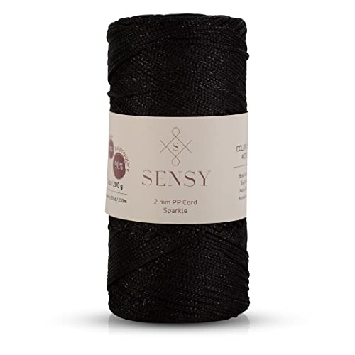 Sensy Premium 2 mm 230 Meter Glitzer Polyester-Seil, 90% Polypropylen, 10% Polyesterschnur, Makramee-Kordel 2 mm Häkeltasche Kordel Makramee Seil Häkelgarn Geschenk für Strickwaren (Schwarz-Glitzer) von S SENSY