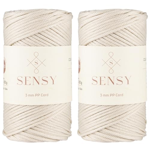 Sensy Premium 3 mm 120 Meter Polyester-Seil, 100% Polypropylen-Kordel, Makramee-Kordel, 3 mm Häkeltaschen-Kordel, Makramee-Seil, Häkelgarn, Geschenk für Stricker (Ecru) von S SENSY