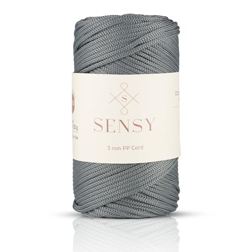 Sensy Premium 3 mm 120 Meter Polyester-Seil, 100% Polypropylen-Kordel, Makramee-Kordel, 3 mm Häkeltaschen-Kordel, Makramee-Seil, Häkelgarn, Geschenk für Stricker (Grau) von S SENSY