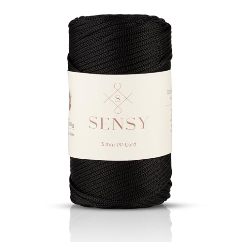 Sensy Premium 3 mm 120 Meter Polyester-Seil, 100% Polypropylen-Kordel, Makramee-Kordel, 3 mm Häkeltaschen-Kordel, Makramee-Seil, Häkelgarn, Geschenk für Stricker (Schwarz) von S SENSY