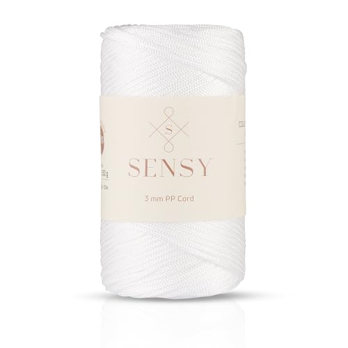 Sensy Premium 3 mm 120 Meter Polyester-Seil, 100% Polypropylen-Kordel, Makramee-Kordel, 3 mm Häkeltaschen-Kordel, Makramee-Seil, Häkelgarn, Geschenk für Stricker (Weiss) von S SENSY
