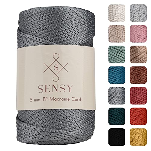 Sensy Premium 5 mm 104 Yards Polyesterseil 100% Polypropylen-Kordel Makramee-Kordel 5 mm Häkeltasche Kordel Makramee Seil Häkelgarn Geschenk für Strickwaren (Grau) von S SENSY