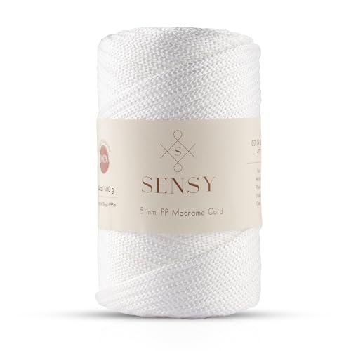 Sensy Premium 5 mm 95 Meters Polyesterseil 100% Polypropylen-Kordel Makramee-Kordel 5 mm Häkeltasche Kordel Makramee Seil Häkelgarn Geschenk für Strickwaren (Weiss) von S SENSY
