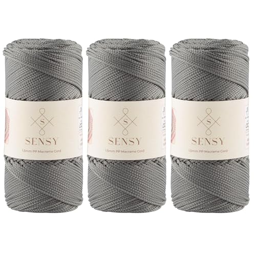 Sensy Premium Polyester-Seil, 1,5 mm, 100 % Polypropylen, Makramee-Schnur, 1,5 mm, Häkelschnur, Makramee-Seil, Häkelgarn, Geschenk für Stricker, 3 Knäuel (grau) von S SENSY
