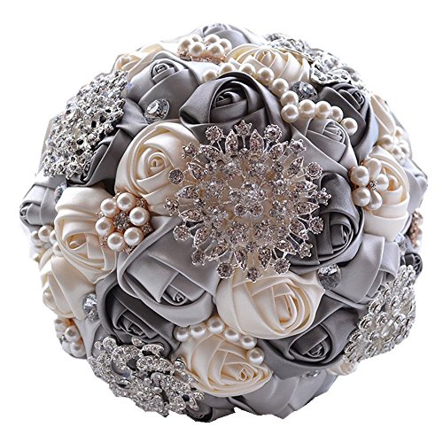 S-SSOY Romantischer Brautstrauß mit Rosen mit Diamant-Perlenband, Valentinstagsstrauß (grau) von S-SSOY