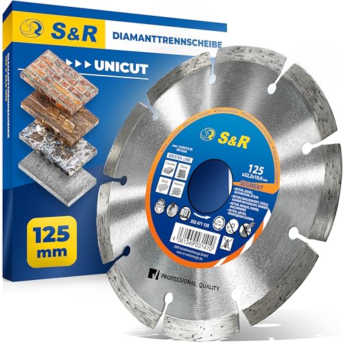 S&R Diamanttrennscheibe 125 x 22,2 mm, Profi Qualität, Hochleistungs-Segmente, Trennscheibe UNIVERSAL zum Trennen von Baumaterialien, Beton, Naturstein, Stein, Ziegel, Mauerwerk, höhere Standzeit von S&R