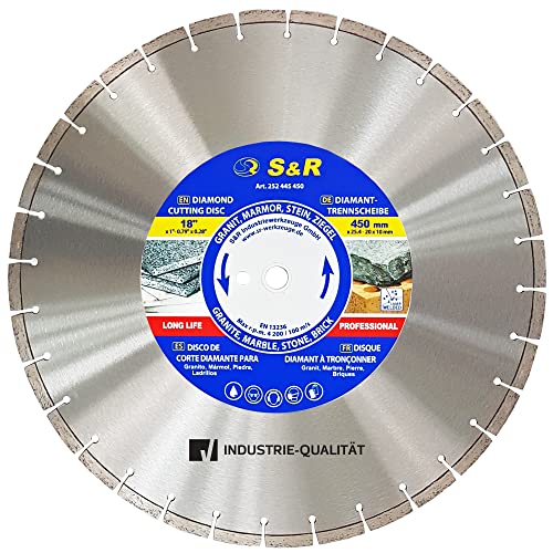S&R Diamanttrennscheibe 450 x 25,4 mm, Industrie-Qualität, Trennscheibe doppelte Standzeit in Naturstein, Kunststein, Marmor, Granit, Sandstein, Hartziegel, für Motortrennsägen, Tischsägen S&R Diamanttrennscheibe 450 x 25,4 mm, Industrie-Qualität, Trennscheibe doppelte Standzeit in Naturstein, Kunststein, Marmor, Granit, Sandstein, Hartziegel, für Motortrennsägen, Tischsägen von S&R