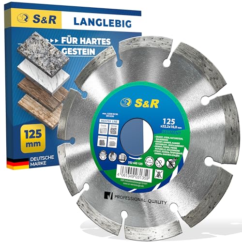 S&R Diamantscheibe Industrie-Qualität, Trennscheibe 125 x 22,23 mm zum Schneiden von Granit, Stein, Naturstein, Marmor, Mauerwerk, Beton, Diamanttrennscheibe für Flex, Winkelschleifer S&R Diamantscheibe Industrie-Qualität, Trennscheibe 125 x 22,23 mm zum Schneiden von Granit, Stein, Naturstein, Marmor, Mauerwerk, Beton, Diamanttrennscheibe für Flex, Winkelschleifer von S&R