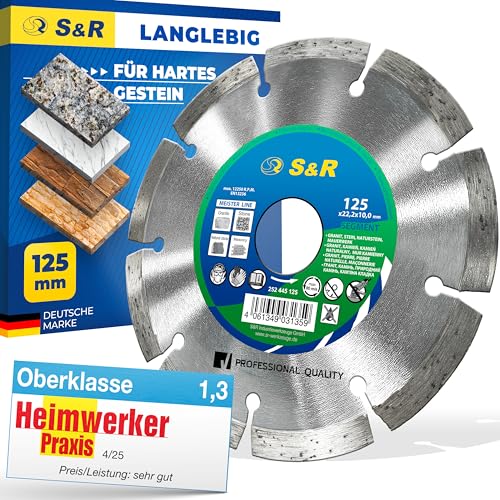 S&R Diamant-Trennscheibe Industrie-Qualität, Trennscheibe 125 x 22,23 mm zum Schneiden von Granit, Stein, Naturstein, Marmor, Mauerwerk, Schamottenstein, Diamanttrennscheibe für Flex, Winkelschleifer von S&R