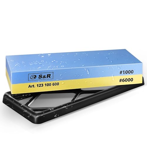 S&R Doppelseitiger Schleifstein 1000/6000 - Korund - Premium Wetzstein & Messerschärfer Set, rutschfester Silikon-Halter, Schleifhilfe, präzises Schärfen & Schleifen aller Klingen S&R Doppelseitiger Schleifstein 1000/6000 - Korund - Premium Wetzstein & Messerschärfer Set, rutschfester Silikon-Halter, Schleifhilfe, präzises Schärfen & Schleifen aller Klingen von S&R