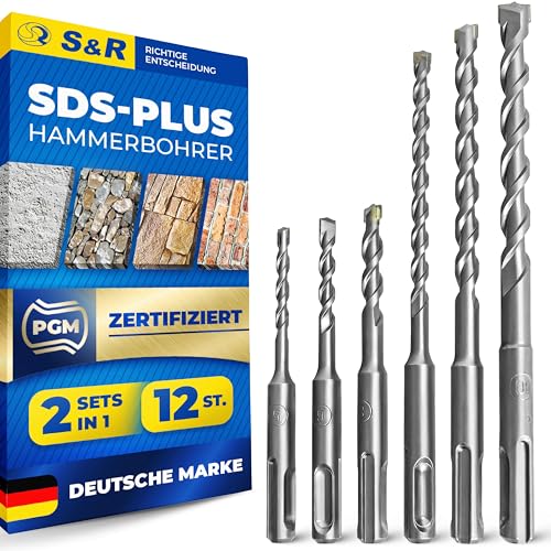 S&R Hammerbohrer, Steinbohrer/Betonbohrer, 12-teiliges SDS PLUS-Bohrer-Set für Bohrhammer, je 2 Stk 5, 6, 8 x 110 mm; 6, 8, 10 x 160 mm, Schlag-Bohrer für Beton, Granit und Stein, PGM kontrolliert S&R Hammerbohrer, Steinbohrer/Betonbohrer, 12-teiliges SDS PLUS-Bohrer-Set für Bohrhammer, je 2 Stk 5, 6, 8 x 110 mm; 6, 8, 10 x 160 mm, Schlag-Bohrer für Beton, Granit und Stein, PGM kontrolliert von S&R