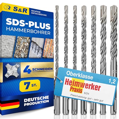 S&R Hammerbohrer/Steinbohrer Set 7-tlg SDS-Plus – 4-Schneiden Industriequalität für Beton, Granit & Stein, mit Multi-KVS-Helixnut, 5-12mm, Hartmetallschneide – Industriequalität von S&R