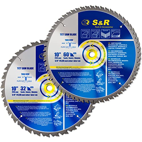 S&R Hochleistungs Kreissägeblatt für Holz, 2 tlg Set, 255 X 1.8/2.6 X 15.88 mm, 32T und 60T, ATB Zahnung, TCT Hartmetall Sägeblätter, für alle Holzarten und Holzprodukte S&R Hochleistungs Kreissägeblatt für Holz, 2 tlg Set, 255 X 1.8/2.6 X 15.88 mm, 32T und 60T, ATB Zahnung, TCT Hartmetall Sägeblätter, für alle Holzarten und Holzprodukte von S&R